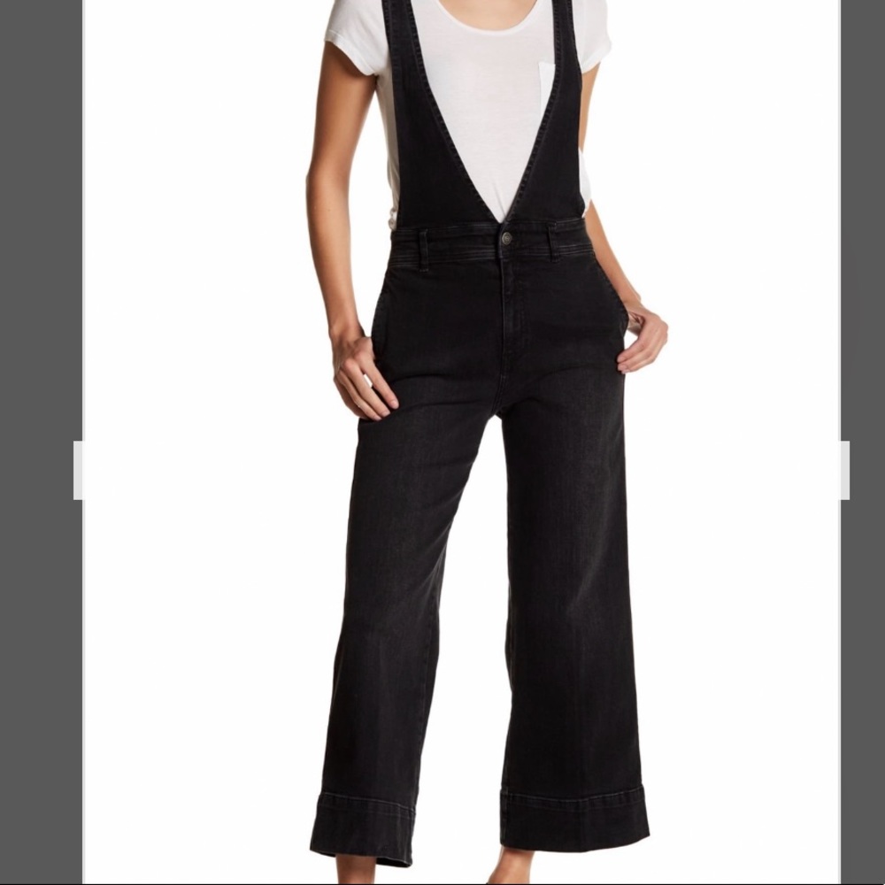 Free People A Line Wide Leg Black Denim Overalls